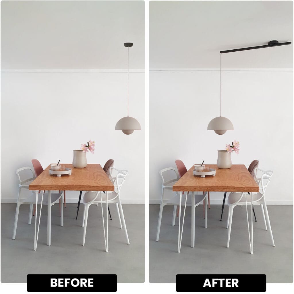 Foto divisa con un prima e un dopo del tavolo da pranzo con una luce a sospensione sopra di esso prima e poi due luci a sospensione a causa del lightswing dopo.